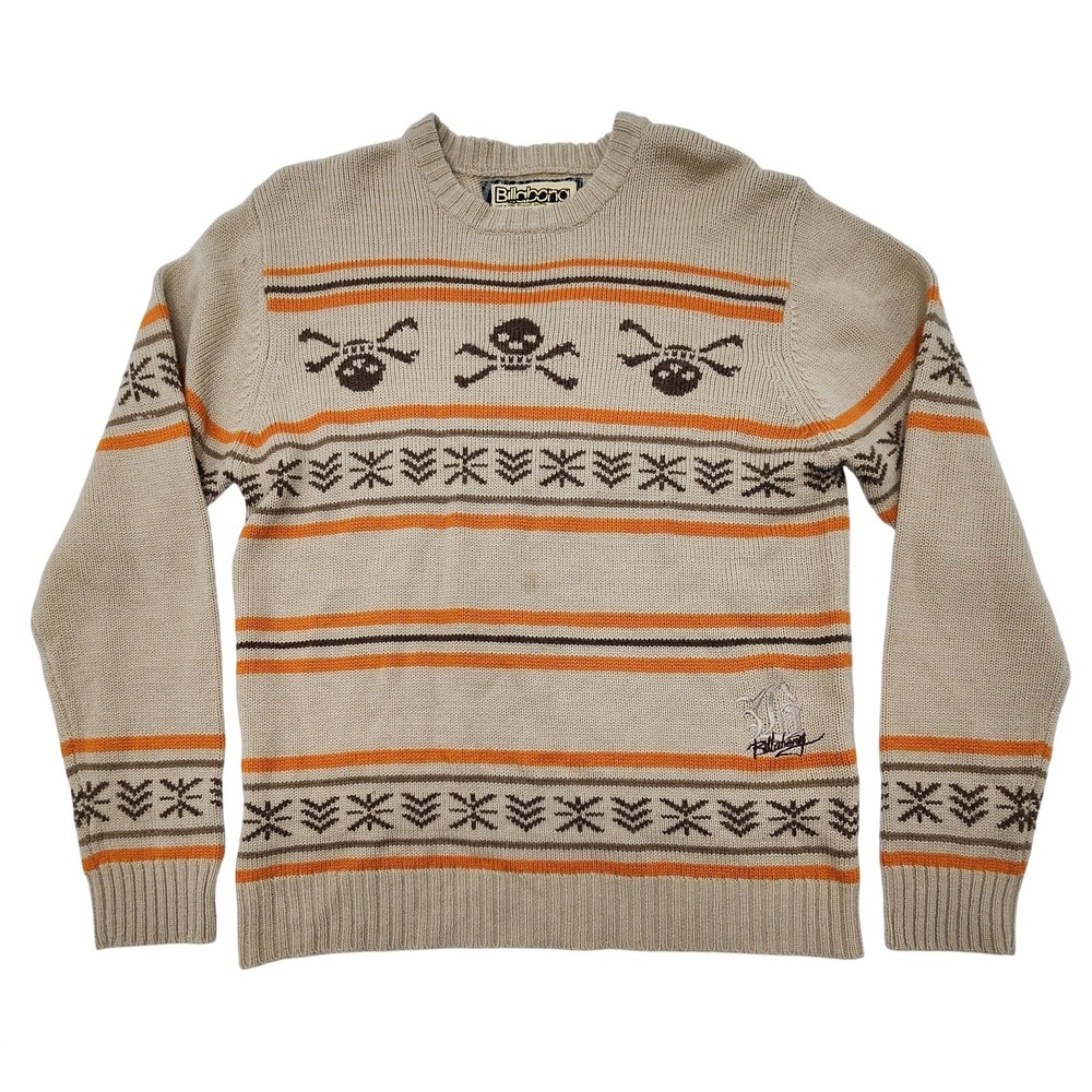 Vintage Billabong Skull Tribal Sweater Wool Blend Y2K Size M Beige *Flaws